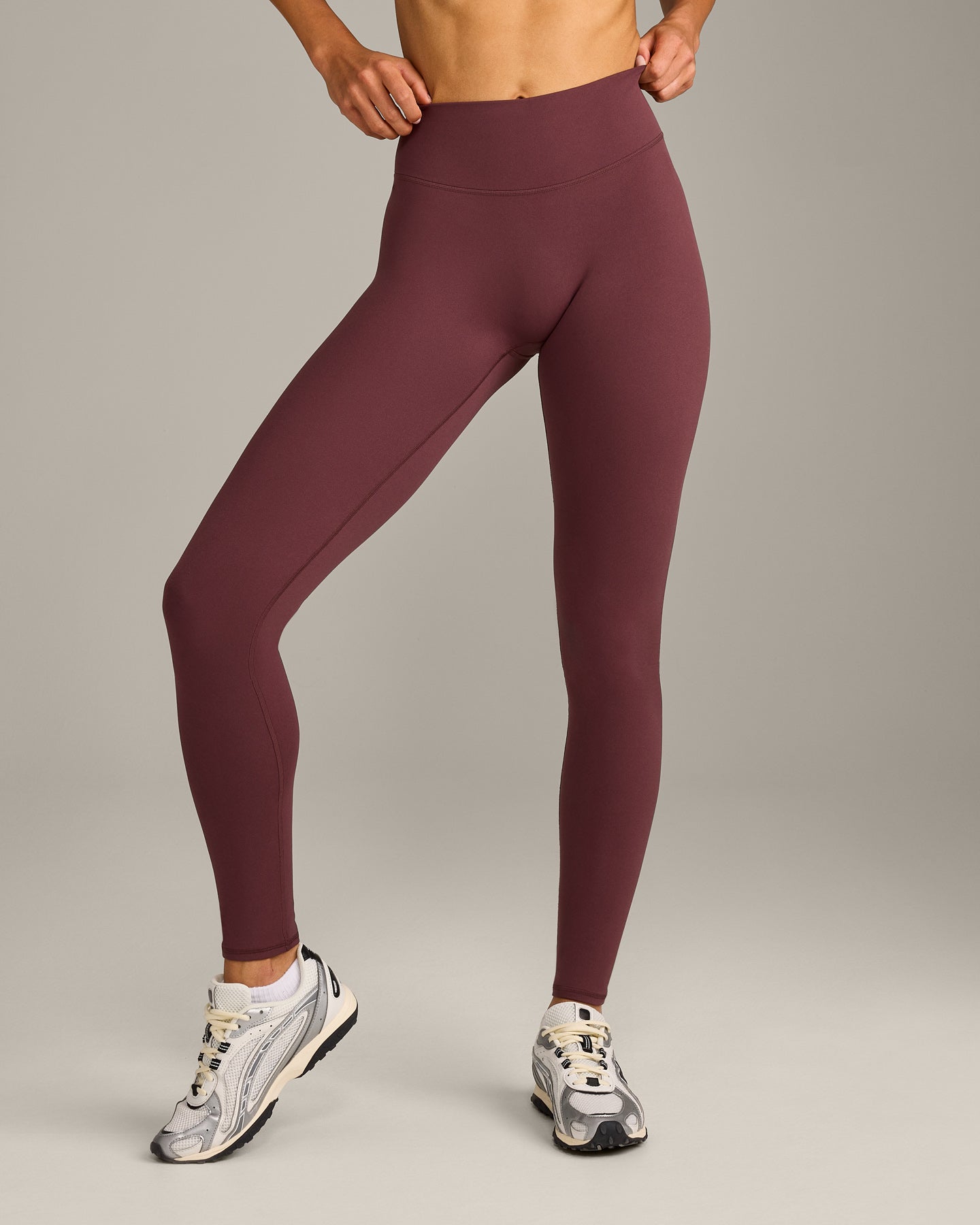 SoftMotion™ High Waisted Leggings with Gray Logo | Velvet Mocha
