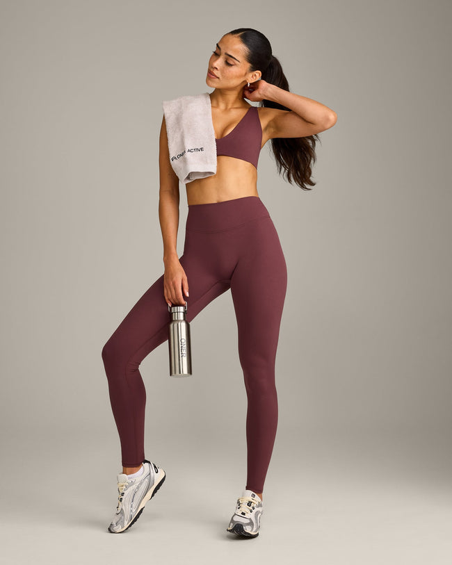 SoftMotion™ High Waisted Leggings with Gray Logo | Velvet Mocha