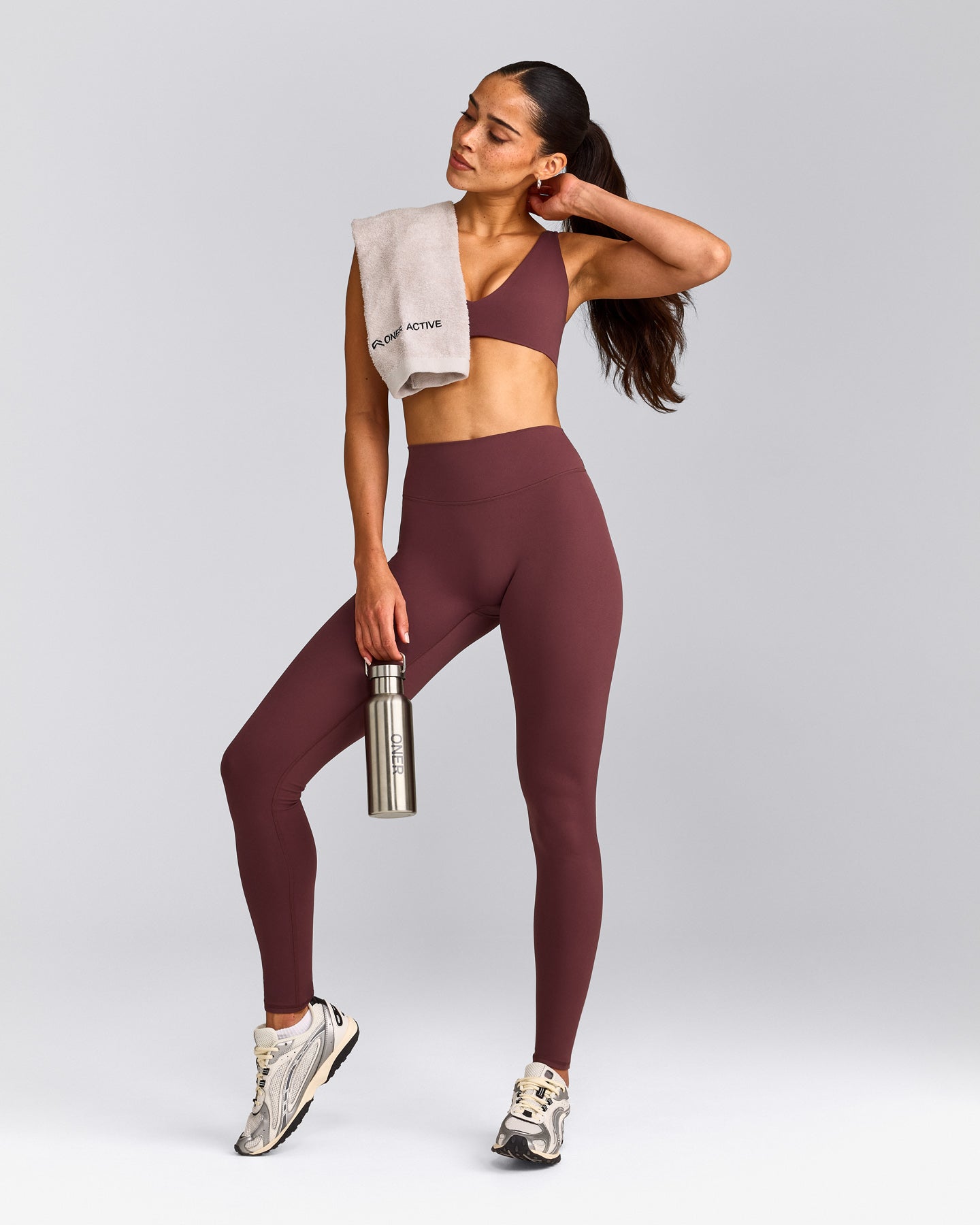 SoftMotion™ High Waisted Leggings with Gray Logo | Velvet Mocha