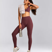 SoftMotion™ High Waisted Leggings with Gray Logo | Velvet Mocha