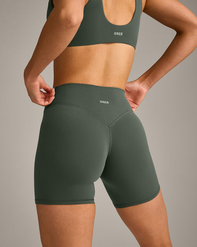 SoftMotion™ High Waisted Shorts 6" with Gray Logo | Dark Khaki