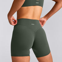 SoftMotion™ High Waisted Shorts 6" with Gray Logo | Dark Khaki