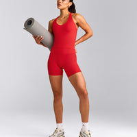 SoftMotion™ High Waisted Shorts 6" with Gray Logo | Fiery Red