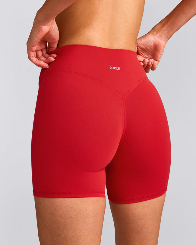 SoftMotion™ High Waisted Shorts 6" with Gray Logo | Fiery Red