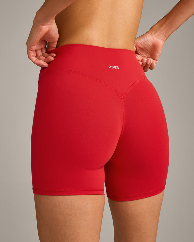 SoftMotion™ High Waisted Shorts 6" with Gray Logo | Fiery Red