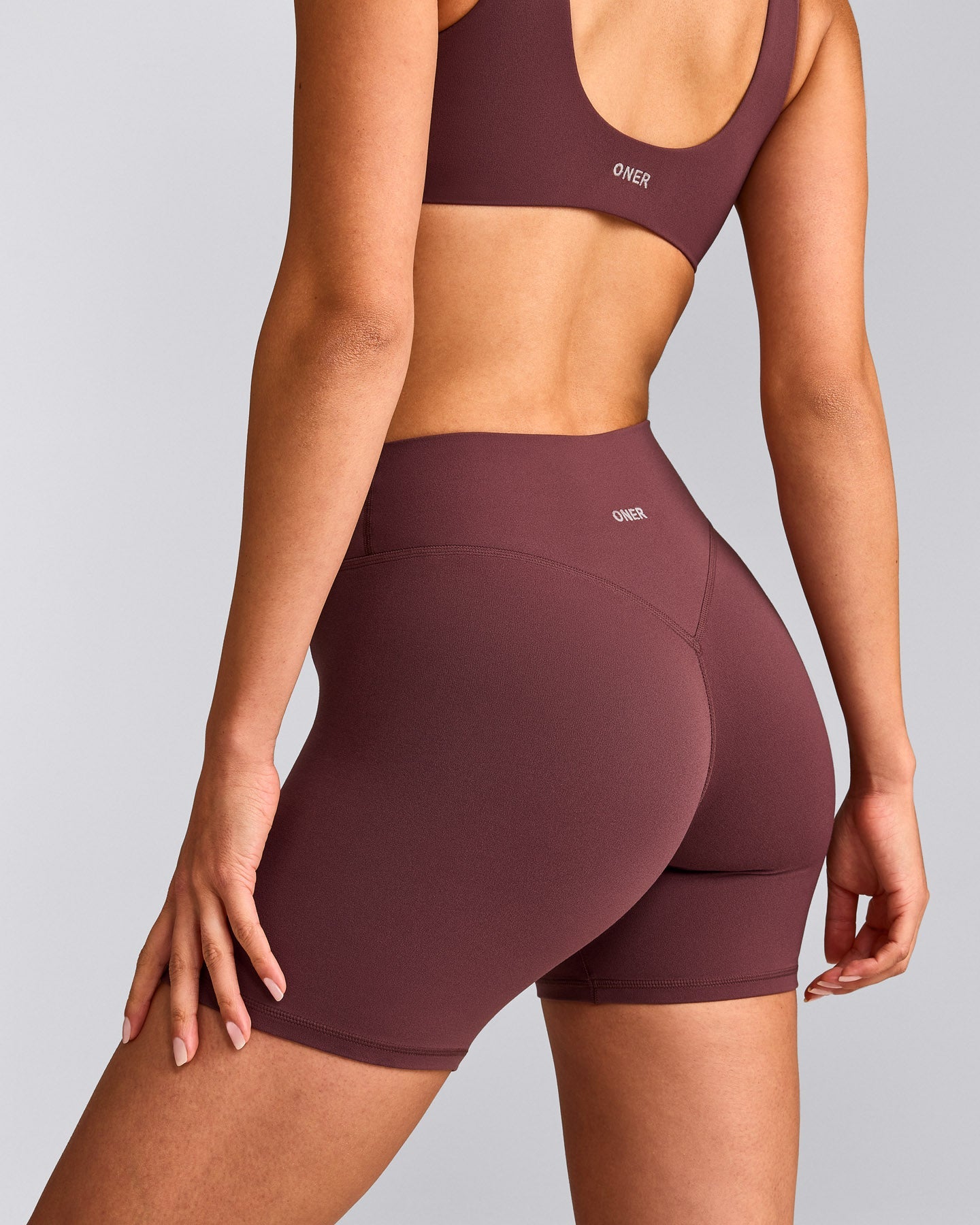 SoftMotion™ High Waisted Shorts 6" with Gray Logo | Velvet Mocha