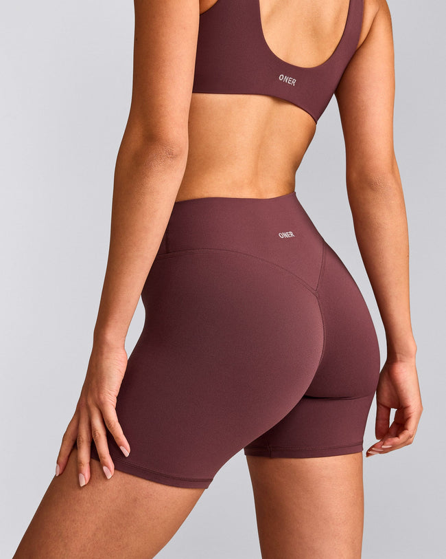 SoftMotion™ High Waisted Shorts 6" with Gray Logo | Velvet Mocha
