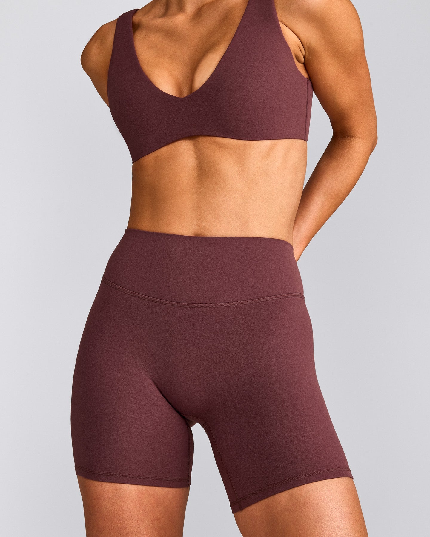 SoftMotion™ High Waisted Shorts 6" with Gray Logo | Velvet Mocha