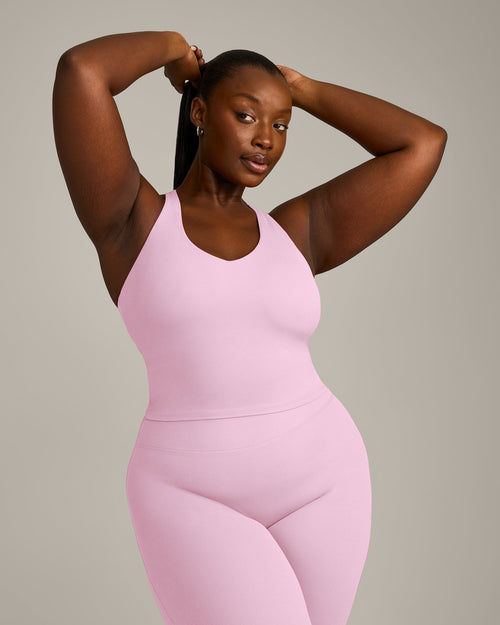 Oner Modal SoftMotion™ Racer Back Mid Vest with Built in Bra Shelf with Gray Logo | Chalk Pink