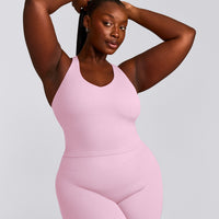 SoftMotion™ Racer Back Mid Tank Top with Built in Bra Shelf with Gray Logo | Chalk Pink