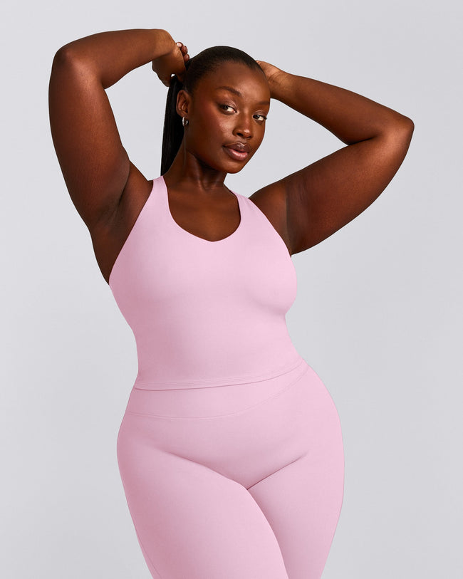 SoftMotion™ Racer Back Mid Tank Top with Built in Bra Shelf with Gray Logo | Chalk Pink