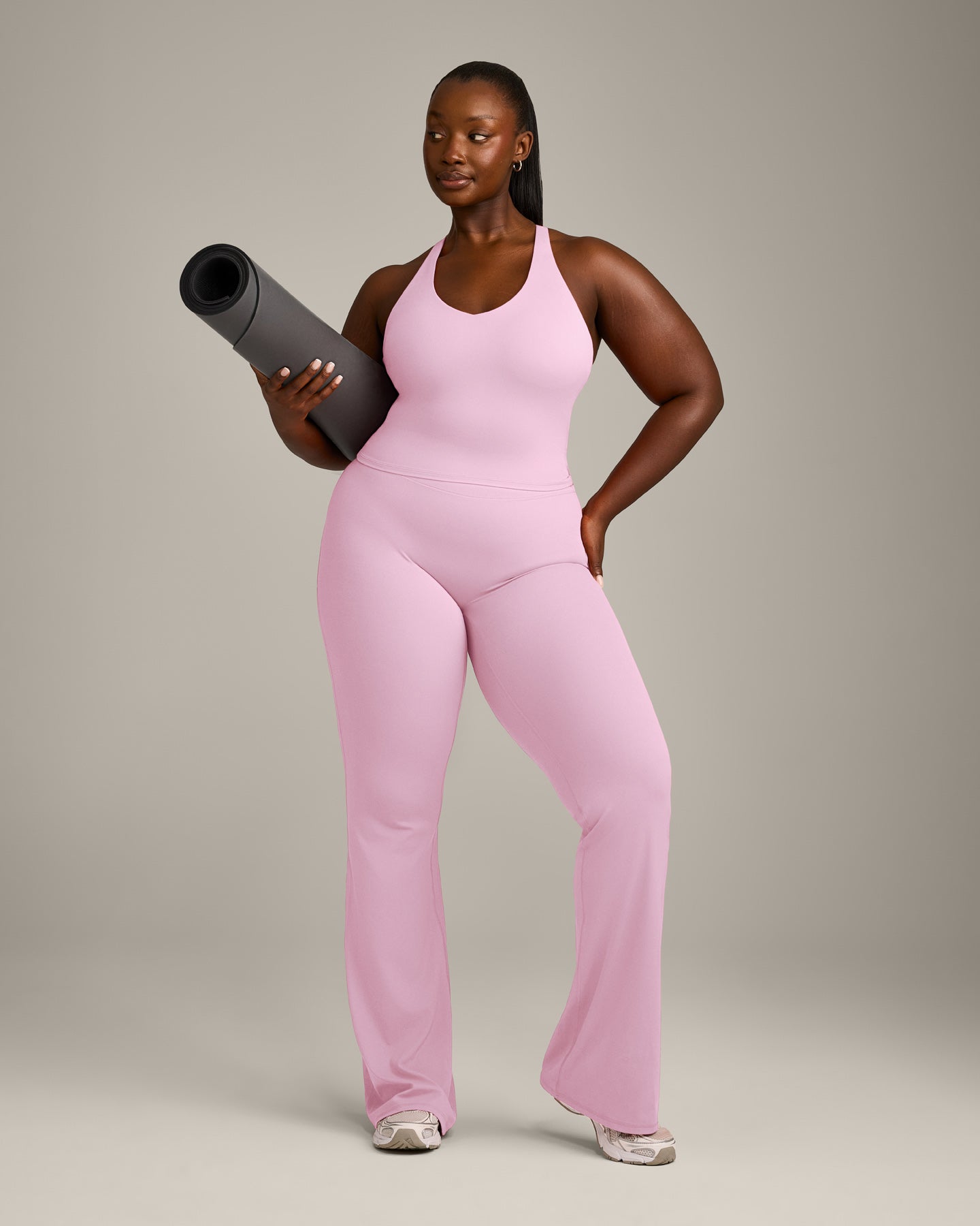 SoftMotion™ Racer Back Mid Vest with Built in Bra Shelf with Gray Logo | Chalk Pink