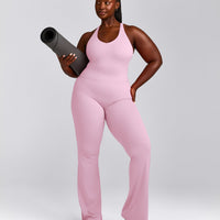 SoftMotion™ Racer Back Mid Tank Top with Built in Bra Shelf with Gray Logo | Chalk Pink