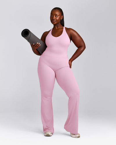 SoftMotion™ Racer Back Mid Tank Top with Built in Bra Shelf with Gray Logo | Chalk Pink