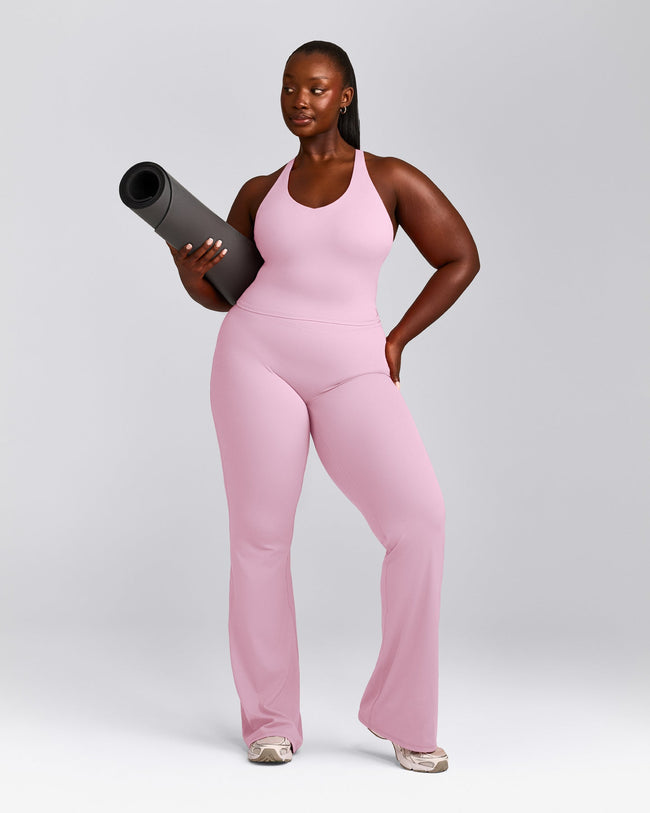 SoftMotion™ Racer Back Mid Tank Top with Built in Bra Shelf with Gray Logo | Chalk Pink
