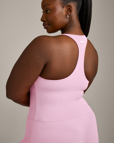 SoftMotion™ Racer Back Mid Vest with Built in Bra Shelf with Gray Logo | Chalk Pink