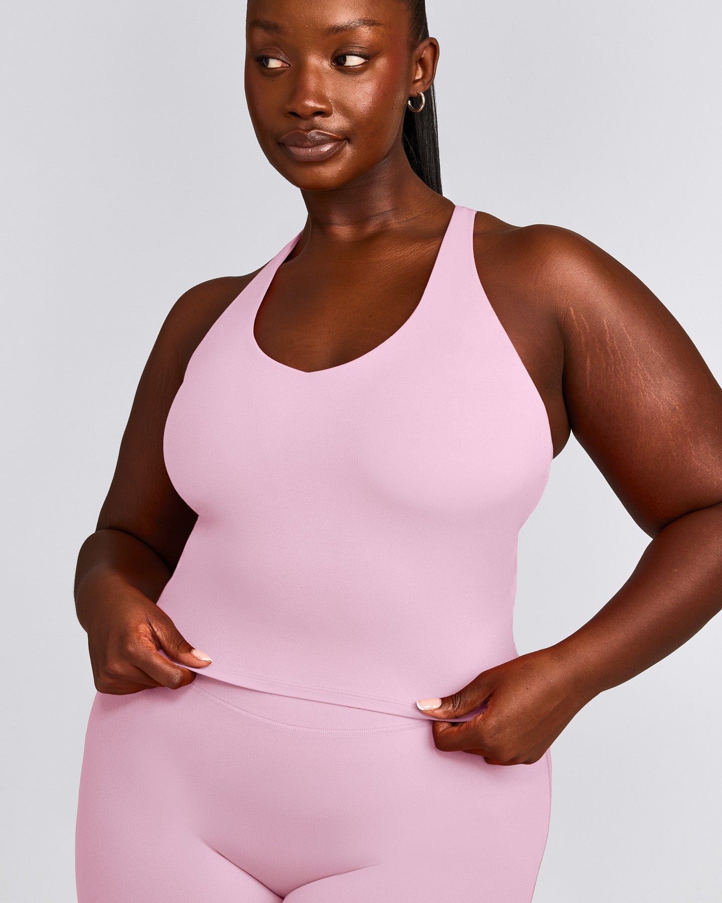 SoftMotion™ Racer Back Mid Tank Top with Built in Bra Shelf with Gray Logo | Chalk Pink