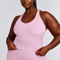 SoftMotion™ Racer Back Mid Tank Top with Built in Bra Shelf with Gray Logo | Chalk Pink