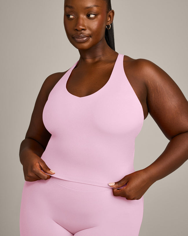 SoftMotion™ Racer Back Mid Vest with Built in Bra Shelf with Gray Logo | Chalk Pink