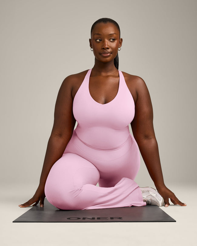 SoftMotion™ Racer Back Mid Vest with Built in Bra Shelf with Gray Logo | Chalk Pink