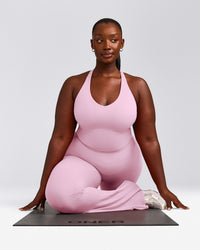 SoftMotion™ Racer Back Mid Tank Top with Built in Bra Shelf with Gray Logo | Chalk Pink