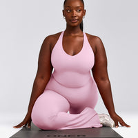 SoftMotion™ Racer Back Mid Tank Top with Built in Bra Shelf with Gray Logo | Chalk Pink