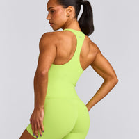 SoftMotion™ Racer Back Mid Tank Top with Built in Bra Shelf with Gray Logo | Citrus Green