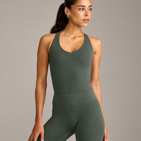 SoftMotion™ Racer Back Mid Vest with Built in Bra Shelf with Gray Logo | Dark Khaki