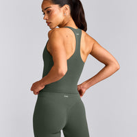 SoftMotion™ Racer Back Mid Tank Top with Built in Bra Shelf with Gray Logo | Dark Khaki
