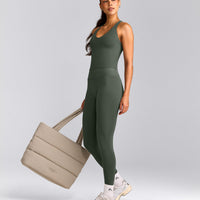 SoftMotion™ Racer Back Mid Tank Top with Built in Bra Shelf with Gray Logo | Dark Khaki