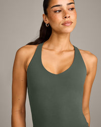 SoftMotion™ Racer Back Mid Vest with Built in Bra Shelf with Gray Logo | Dark Khaki