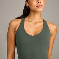 SoftMotion™ Racer Back Mid Vest with Built in Bra Shelf with Gray Logo | Dark Khaki
