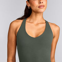 SoftMotion™ Racer Back Mid Tank Top with Built in Bra Shelf with Gray Logo | Dark Khaki