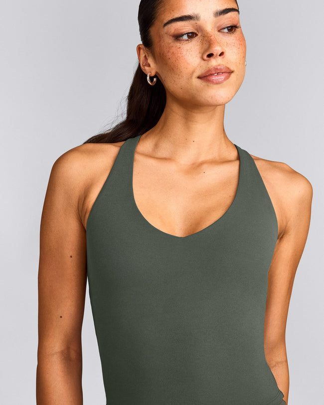 SoftMotion™ Racer Back Mid Tank Top with Built in Bra Shelf with Gray Logo | Dark Khaki