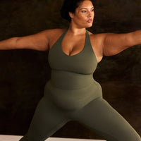 SoftMotion™ Racer Back Mid Tank Top with Built in Bra Shelf with Gray Logo | Dark Khaki