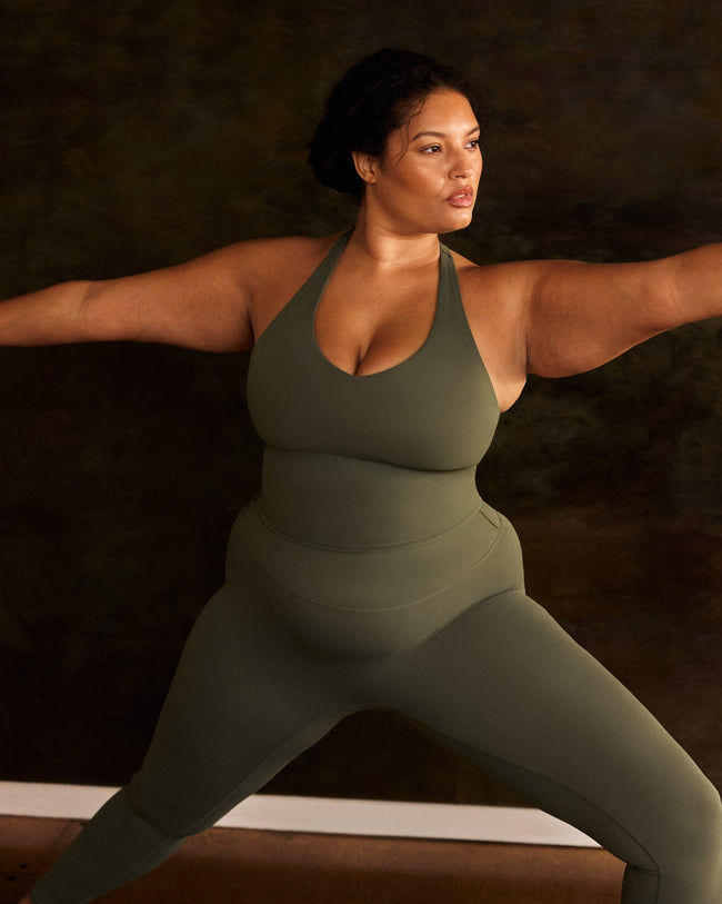 SoftMotion™ Racer Back Mid Vest with Built in Bra Shelf with Gray Logo | Dark Khaki