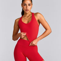 SoftMotion™ Racer Back Mid Tank Top with Built in Bra Shelf with Gray Logo | Fiery Red