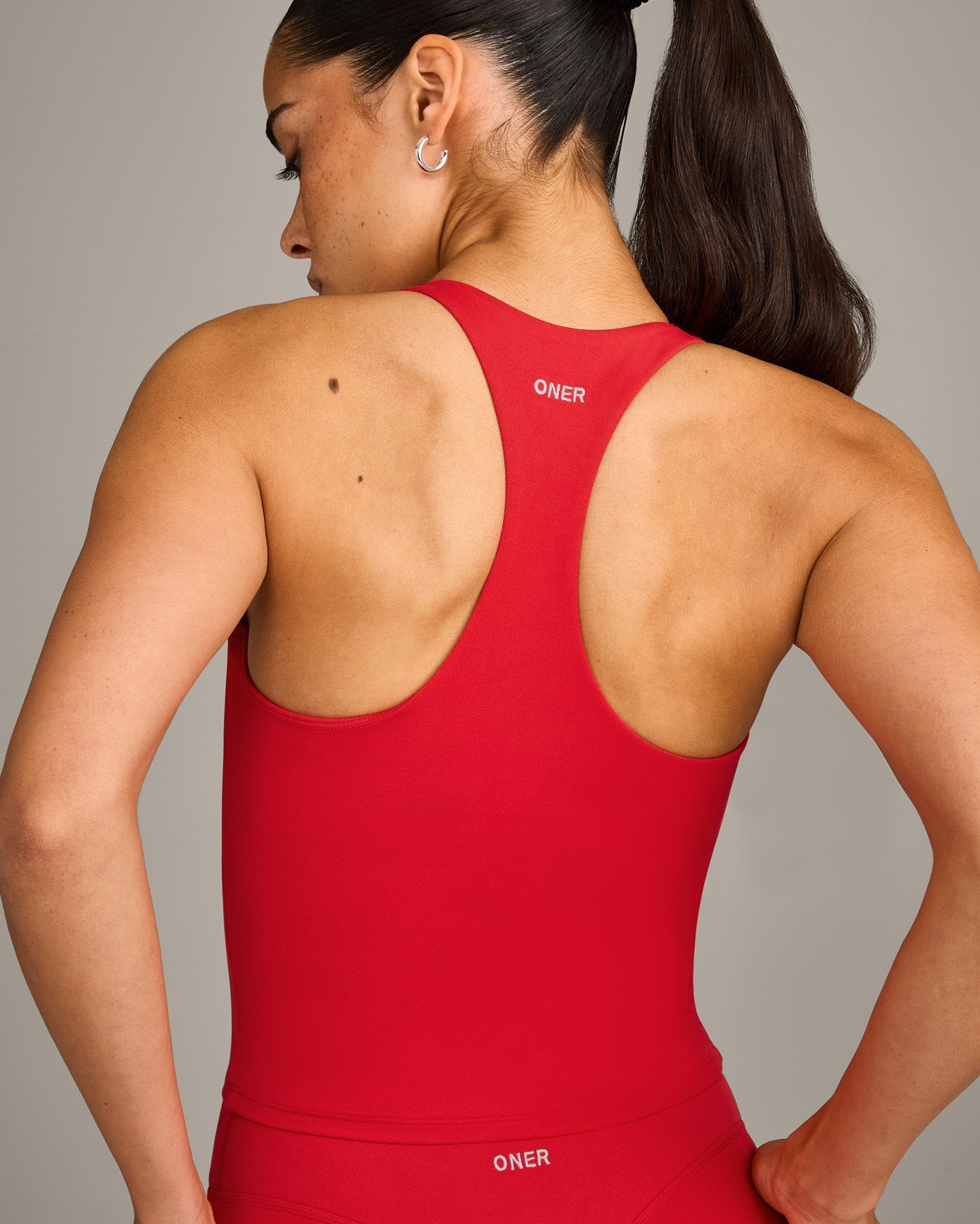 SoftMotion™ Racer Back Mid Vest with Built in Bra Shelf with Gray Logo | Fiery Red