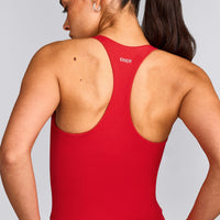 SoftMotion™ Racer Back Mid Tank Top with Built in Bra Shelf with Gray Logo | Fiery Red