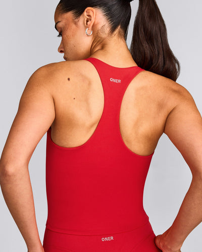 SoftMotion™ Racer Back Mid Tank Top with Built in Bra Shelf with Gray Logo | Fiery Red
