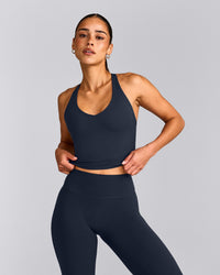 SoftMotion™ Racer Back Mid Tank Top with Built in Bra Shelf with Gray Logo | True Blue