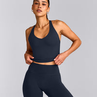 SoftMotion™ Racer Back Mid Tank Top with Built in Bra Shelf with Gray Logo | True Blue