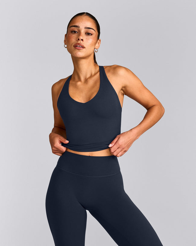 SoftMotion™ Racer Back Mid Tank Top with Built in Bra Shelf with Gray Logo | True Blue