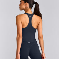 SoftMotion™ Racer Back Mid Tank Top with Built in Bra Shelf with Gray Logo | True Blue