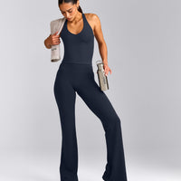 SoftMotion™ Racer Back Mid Tank Top with Built in Bra Shelf with Gray Logo | True Blue
