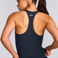 SoftMotion™ Racer Back Mid Tank Top with Built in Bra Shelf with Gray Logo | True Blue