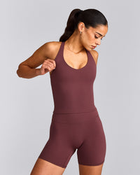 SoftMotion™ Racer Back Mid Tank Top with Built in Bra Shelf with Gray Logo | Velvet Mocha