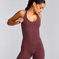 SoftMotion™ Racer Back Mid Tank Top with Built in Bra Shelf with Gray Logo | Velvet Mocha