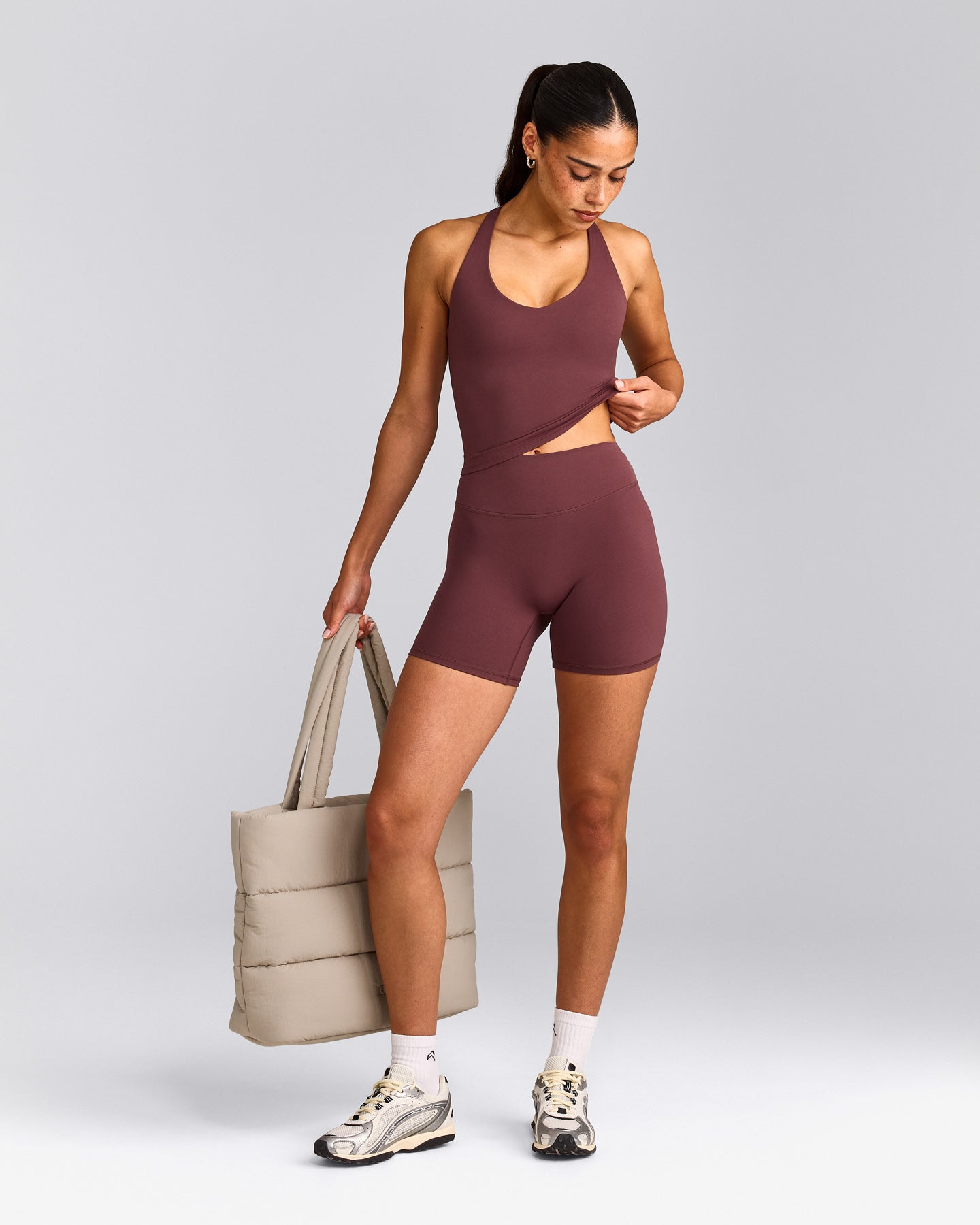 SoftMotion™ Racer Back Mid Tank Top with Built in Bra Shelf with Gray Logo | Velvet Mocha