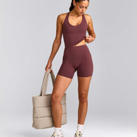 SoftMotion™ Racer Back Mid Tank Top with Built in Bra Shelf with Gray Logo | Velvet Mocha